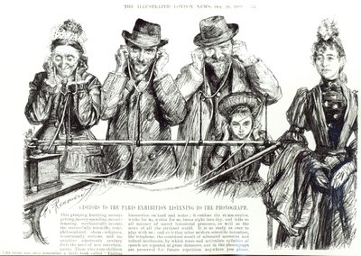 Besucher der Pariser Ausstellung hören den Phonographen, aus 